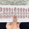 Set de 30 uñas postizas de cuadros rosa nude con diamantes y pedrería, simple y elegante, uñas postizas removibles, 3 tamaños