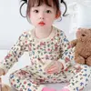 Conjunto de Pijama para Meninas Primavera e Outono, Conjunto Elegante Infantil Tendência Veludo Renda Desenho Floral Calça Térmica Pijama