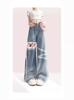 Jeans Cropped con Ribete de Encaje para Mujer, Degradado Estilo Chanel, Verano Delgados de Cintura Alta con Lazo Rectos de Pierna Ancha