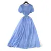 Vestido Redondo de Manga Abullonada con Perlas y Diamantes de Uso Rudo Francés para Mujer Verano 2025 Cintura ceñida Elegante Falda Larga Plisada