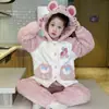 Pijama Infantil Meninas Flanela Outono e Inverno Fleece Coral Espessado Quente Crianças Tamanho Médio e Grande Roupas de Casa Traje com Capuz Cartoon