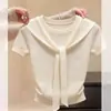 Top de Punto Blanco Redondo de Manga Corta Único y Hermoso para Mujer, Diseño de Nicho a la Moda, Corte Ajustado, Top Versátil para Verano
