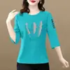 Superávit de comercio exterior transfronterizo, blusas para mujeres de mediana edad y mayores, talla petite, corte holgado, estampadas, versátiles, camiseta de manga tres cuartos