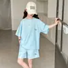 Traje de Manga Corta para Niñas, Color Sólido Estilo Verano, Ropa Deportiva Moderna y Fresca para Niñas, Conjunto Casual de Dos Piezas Holgado Estilo Coreano para Niños Mayores y Estudiantes