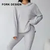 Conjunto de Roupa de Yoga Tricot Canelado Transfronteiriço Outono e Inverno Estilo Simples Preguiçoso Conjunto da Moda Top de Moletom de Manga Comprida