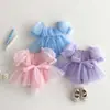 Vestido de Manga Bufante para Meninas Verão Malha Doce Bolinhas Princesa Ha Roupas Bebê Um Ano Vestido Descartável Saia de Bolo