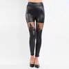 Calça de Couro Nova Sexy Transfronteiriça Outono Calças Pretas Estilo Punk Feminino Calça de Couro Bordada com Renda Calça de Nove Pontos Costurada