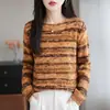Tricô Retrô Francês com Listras em Degradê Feminino Gola Redonda Manga Longa Top Estiloso Camada Base Quente Suéter Versátil