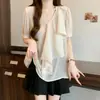 Blusa de Chiffon Feminina Plus Size de Verão Nova com Decote V Estilo Francês Design de Babados Manga Curta Camisa Fina
