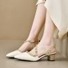 2025 Nuevo Estilo de Verano Zapatos de Tacón Medio Beige de Tacón Alto Nicho Francés Tacón Grueso Punta Puntiaguda Sandalias de Tira Trasera para Mujer