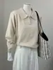 Estilo Old Money Gola Polo Cinza Tricô Feminino Outono/Inverno High-End Solto Gola Lapela Suéter Camada Interna Camada Base Top