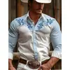 Camisa masculina de manga comprida, camisa casual de botões, camisa masculina de ganga estilo étnico retrô, respirável e macia