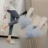 Tacones Altos de Punta Fina, Medias Zapatillas con Punta Reforzada, Abrigo Exterior de Piel con Borlas Estilo Hada, Zapatillas de Gamuza, Sandalias de Mujer, Tacones de Aguja, Tacones Medios