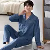 Pijama wholesale transfronterizo para hombre, otoño, algodón, manga larga, pantalones, casual, coreano, solapa, cárdigan, traje de ropa para el hogar negro