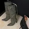 Botas Altas de Punta Fina Estilo Europeo y Americano First Encounter Season para Mujer, Otoño e Invierno, con Hebilla de Cinturón, Versátiles, de Tacón Alto, Hasta la Rodilla, Tipo Monta