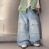 Calças jeans para meninos para primavera e outono de 2026, estilo novo, calças azuis lavadas grandes para crianças, calças de outono da moda para meninos, estilo reto, perna larga