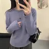 Suéter Casual com Gola Redonda para Mulheres, Renda nas Bordas para Outono e Inverno, Caimento Solto, Emagrecedor, Malha Versátil, Camiseta Básica Lisa