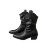 ¡Versión de Cuero Suave! Botines de Tacón Grueso para Mujer, Punta Fina, Adelgazantes, Fruncidos Apilados, Estilo Británico Retro, Botas Melad Martin