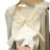 Suéter de Tricô Feminino Outono/Inverno 2024 Novo com Laço, Gola Redonda Franzida, Manga Longa, Estilo Curto, Camiseta de Base