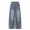 Jia Yi Ku 2026 Novo Estilo High Street Americano Jeans Lavado Desgastado Personalidade Rebite Calça Larga Solta