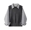 Camisa Patchwork Elegante de Alta Qualidade, Preguiçosa e Estilosa, Top Falso Duas Peças, Malha Casual Slimming Retrô Estilo Coreano para Outono