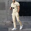 Traje Informal Transfronterizo para Hombre Talla Europea Estilo Old Money con Diseño de Cremallera, Conjunto de Dos Piezas con Camisa de Manga Corta y Pantalones