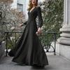 Vestido de Manga Larga con Cuello en V Estilo Europeo y Americano para Mujer, Primavera y Otoño, Elegante y con Estilo, con Corbata y Dobladillo Grande, Transfronterizo