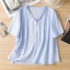 Foto Real da Nova Camisa Casual Simples Jacquard Pesado Vintage 2025 para Mulheres com Gola de Babado Artística Blusa de Manga Curta