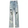 Jeans Azules Lavados Rasgados de Nuevo Estilo Callejero Americano, Tendencia de Verano, Versátiles para Mujer, Corte Recto Holgado, Adelgazantes y Versátiles