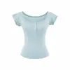 9211-Camiseta de Moda Estilo Europeo Cuadrada de Manga Corta para Mujer 2026 Primavera Verano Nueva Sexy Delgado Capa Base Superior