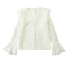 26051-26 Otoño Estilo Francés Encaje Cuello de Muñeca Solapa Simple Liso Manga Larga Camisa Top Ligero