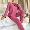 Conjunto de pijama de canalé de manga larga estilo francés para mujer, colección primavera y otoño, cuello en V con lazo y ribete de volantes, corte holgado, adecuado para usar como ropa de estar o como prenda exterior