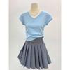 Top de Color Sólido con Cuello en V Ajustado a la Cintura con Pliegues para Mujer, Camiseta Elegante de Verano para Usar Debajo, Camiseta de Moda Sexy de Manga Corta con Hombro Derecho Descubierto