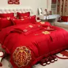 Juego de Cuatro Piezas Rojo Brillante de Alta Calidad para Boda Bordado de Dragón y Fénix Chino Funda Nórdica Sábana Nueva Casa Colcha Alegre Ropa de Cama para Boda