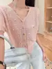 Camiseta de Tricô Fina com Botões Coloridos e Lantejoulas Estilo Coreano para Mulheres, Nova Moda Primavera/Verão Top Curto Tendência