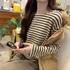 Tiro real estilo coreano holgado bloques de color rayas manga larga ropa interior camiseta base mujer otoño invierno nueva camiseta top 26388