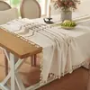 Toalha de Mesa Retangular, Estoque Disponível, Tecido Poliéster com Aparência de Linho com Faixa Central Tecida em Crochê e Borda de Franjas para Sala de Jantar, Festa e Decoração de Casa, Fornecimento Direto da Fábrica