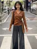 Tricô Malha Tira Cruzada Vermelha Manga Longa Camiseta Top Feminino Outono 2025 Novo Slim Peça Básica de Tricô