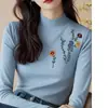 Camiseta Preta Top com Gola Alta e Bordado Pesado Europeu para Mulheres, Estilo Outono e Inverno, Top Versátil de Segunda Pele Justo