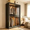 Armario de acero con puertas correderas, armario negro con puerta de cristal de cresta larga, armario de almacenamiento de gran capacidad para dormitorios del hogar