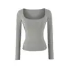 Estilo Coreano Bolsillos Sentido del Diseño Cuello en U Grande Puro Deseo Camiseta de Manga Larga para Mujer Otoño Nueva Llegada Corte Ajustado Corta Capa Base Top de Chica Atrevida