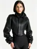 Chaqueta de Cuero Nueva para Mujer 2026 Europea y Americana con Cuello Alto Clásico, Cremallera, Corte Ajustado Corto, Color Café Vintage Desgastado