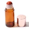 Botella dispensadora de aceite de ricino de vidrio ámbar de 50 ml, botella aplicadora roller de jade cristal rosa natural, botella aplicadora roller de cuarzo rosa
