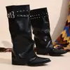 Versión de piel de oveja~Botas altas con remaches estilo británico para mujer 2026 botas de pierna de pantalón apiladas negras botas largas