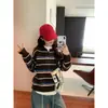 Tricô Listrado com Gola Lapela Estilo Americano de Manga Longa 2025 Outono Novo Peça de Roupa Externa Solta que Reduz a Idade Tricô Base para Mulheres