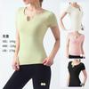 Ropa de yoga para primavera y verano 2024, top deportivo ajustado para mujer, cuello en V, manga corta sin costuras, con almohadilla para el pecho