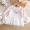 Camiseta Infantil Feminina Estilo Novo Primavera e Outono Estampa Cartoon Manga Longa Estilo Princesa Fofa Bainha com Renda Costurada Top Estiloso