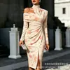 Transfronterizo Nuevo Estampado Digital Casual Personalidad Moda Temperamento Vestido de Manga Larga Hombros Descubiertos Falda Primavera y Otoño Mujer