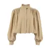 Otoño 2026 Nuevo Abrigo Trench Khaki Transfronterizo Estilo Británico Corto Plisado Holgado Cuello Alto Mangas Abullonadas para Mujer