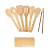 Juego de Ocho Piezas de Espátula y Cuchara de Cocina de Bambú Espátula Antiadherente Cucharón Espátula para Freír Colador de Ensalada Utensilios de Cocina Mango Largo